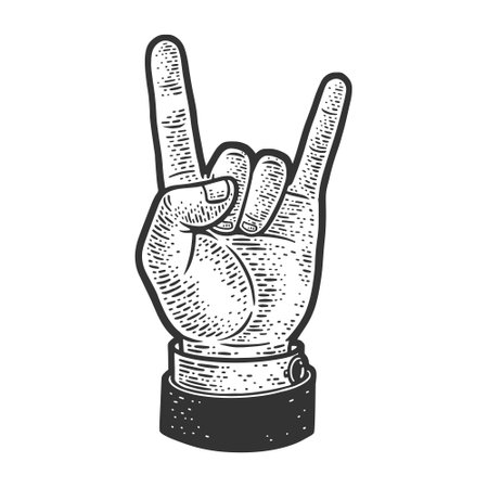 Sign hand rock and roll heavy metal on white background sketch engraving vector illustration. Sign of horns hand gesture. T-shirt apparel print design. Scratch board. Black and white hand drawn imageのイラスト素材