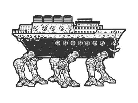 Fantastic fiction steamship vessel on mechanic robotic legs sketch engraving vector illustration. T-shirt apparel print design. Scratch board imitation. Black and white hand drawn image.のイラスト素材