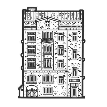 old apartment building sketch engraving vector illustration. T-shirt apparel print design. Scratch board imitation. Black and white hand drawn image.のイラスト素材