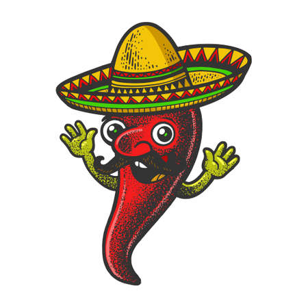 Cartoon mexican chilli pepper color sketch engraving vector illustration. T-shirt apparel print design. Scratch board imitation. Black and white hand drawn image.のイラスト素材