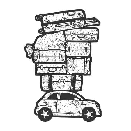 pile of suitcases on the roof of car sketch engraving vector illustration. T-shirt apparel print design. Scratch board imitation. Black and white hand drawn image.のイラスト素材