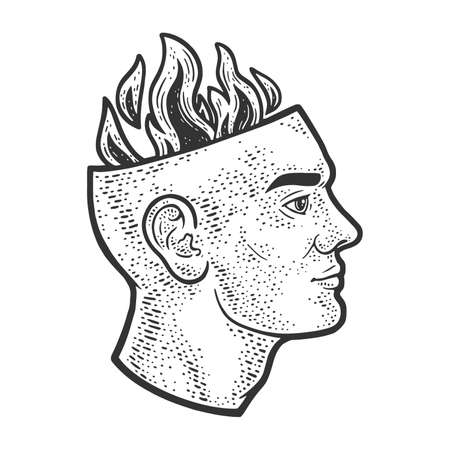Fire flames in head abstract line art sketch engraving raster illustration. T-shirt apparel print design. Scratch board imitation. Black and white hand drawn image.の写真素材