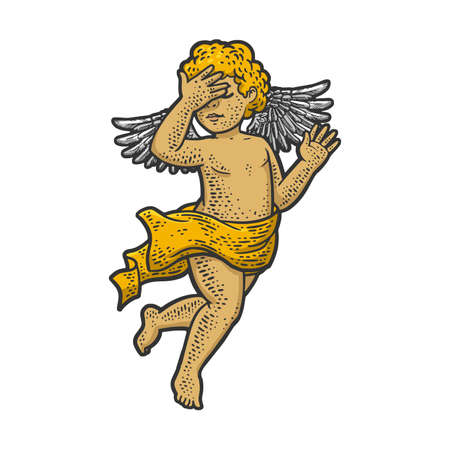Angel cupid baby with facepalm hand gesture color sketch engraving raster illustration. T-shirt apparel print design. Scratch board imitation. Black and white hand drawn image.の写真素材