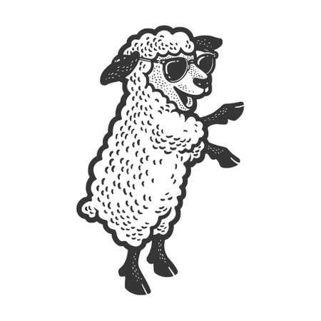 Happy dancing sheep sketch engraving vector illustration. T-shirt apparel print design. Scratch board imitation. Black and white hand drawn image.のイラスト素材