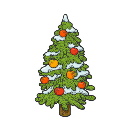 spruce Christmas tree with apples sketch engraving vector illustration. T-shirt apparel print design. Scratch board imitation. Black and white hand drawn image.のイラスト素材