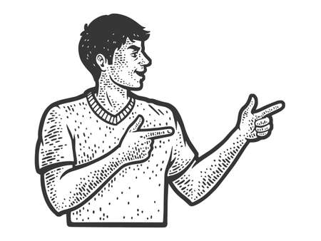 Winning man is happy and points fingers sketch engraving vector illustration. T-shirt apparel print design. Scratch board imitation. Black and white hand drawn image.のイラスト素材