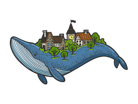 Houses town city on the back of a whale color sketch engraving vector illustration. T-shirt apparel print design. Scratch board imitation. Black and white hand drawn image.のイラスト素材