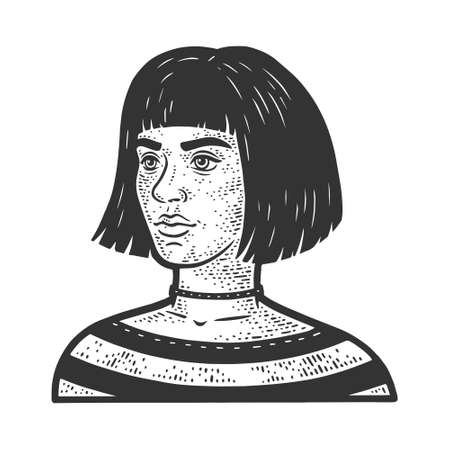 Girl with bob cut haircut sketch engraving vector illustration. T-shirt apparel print design. Scratch board imitation. Black and white hand drawn image.のイラスト素材