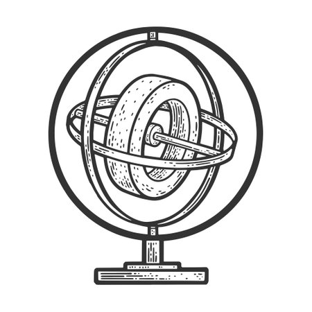 Gyroscope device sketch engraving vector illustration. T-shirt apparel print design. Scratch board imitation. Black and white hand drawn image.のイラスト素材