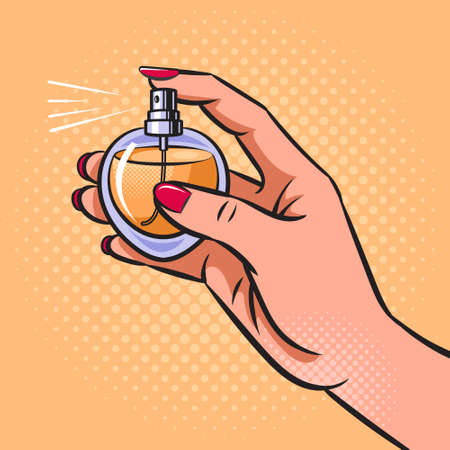 Woman hand with perfume bottle pop art retro vector illustration. Comic book style imitation.のイラスト素材