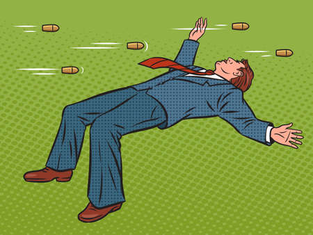 businessman dodging bullets like superhero pop art retro vector illustration. Comic book style imitation.のイラスト素材