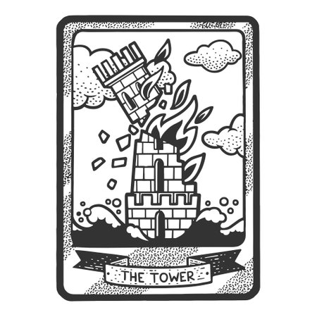Tarot playing card Tower sketch engraving vector illustration. T-shirt apparel print design. Scratch board imitation. Black and white hand drawn image.のイラスト素材