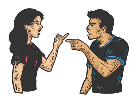 quarrel argument in couple man and woman color sketch engraving raster illustration. T-shirt apparel print design. Scratch board imitation. Black and white hand drawn image.の写真素材