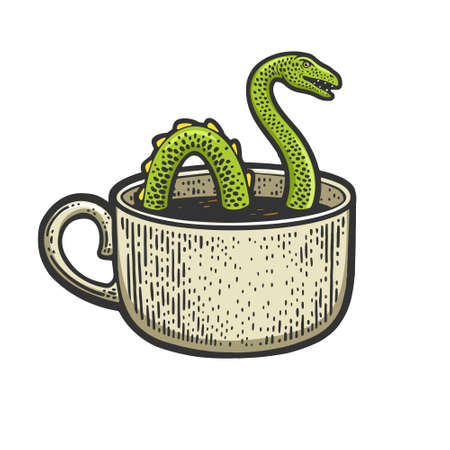 Loch Ness Monster in cup color sketch engraving vector illustration. T-shirt apparel print design. Scratch board imitation. Black and white hand drawn image.のイラスト素材