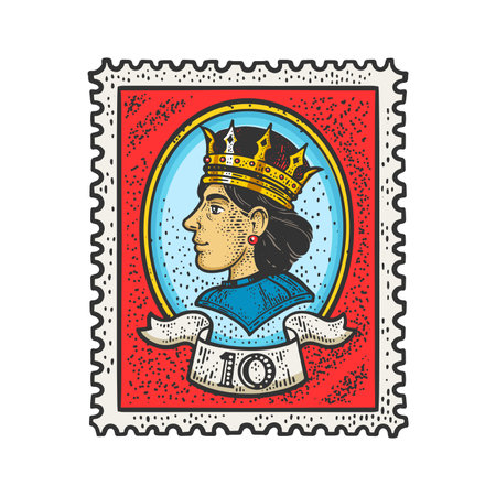 Postage stamp with queen portrait profile color sketch engraving raster illustration. T-shirt apparel print design. Scratch board imitation. Black and white hand drawn image.の写真素材