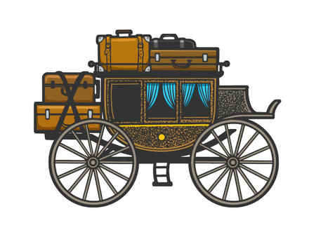 carriage with suitcases color sketch engraving vector illustration. T-shirt apparel print design. Scratch board imitation. Black and white hand drawn image.のイラスト素材