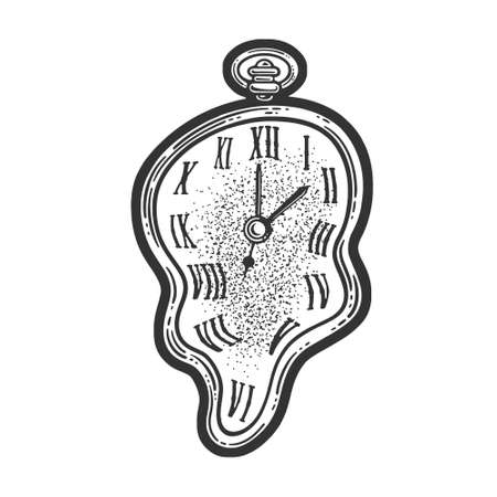 Flowing liquid time watch clock sketch engraving vector illustration. T-shirt apparel print design. Scratch board imitation. Black and white hand drawn image.のイラスト素材