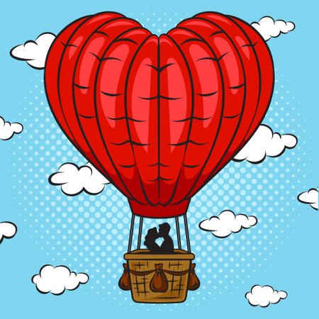 couple in love flies in heart air balloon pop art retro vector illustration. Comic book style imitation.のイラスト素材