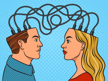 transmission of thought emotions and feelings from brain to brain pop art retro vector illustration....