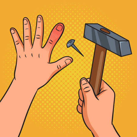 hammer blow on the finger pop art retro vector illustration. Comic book style imitation.のイラスト素材