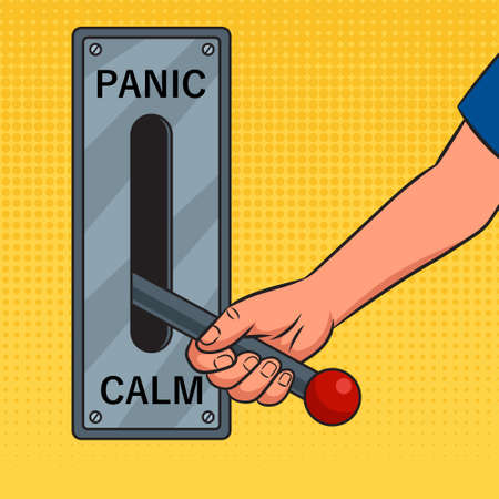 hand switches panic mode to calm mode pop art retro vector illustration. Comic book style imitation.のイラスト素材
