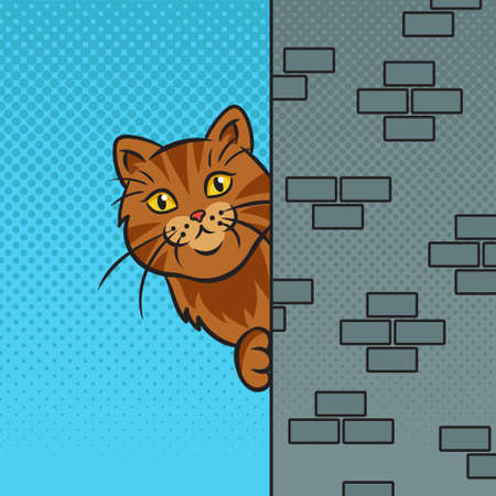 cat peeking out from around the corner pop art retro vector illustration. Comic book style imitation.のイラスト素材