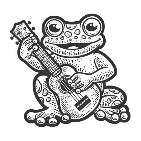 cartoon frog plays guitar ukulele and sings song sketch engraving vector illustration. Scratch board imitation. Black and white hand drawn image.のイラスト素材