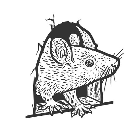 rat mouse peeking out of hole in wall sketch engraving vector illustration. Scratch board imitation. Black and white hand drawn image.のイラスト素材