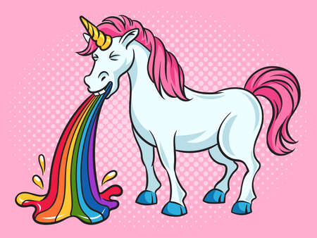 unicorn puke vomit rainbow pop art retro raster illustration. Comic book style imitation.