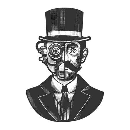 Gentleman half cyborg steampunk sketch halftone pattern vector illustration. Scratch board imitation. Black and white hand drawn image.のイラスト素材