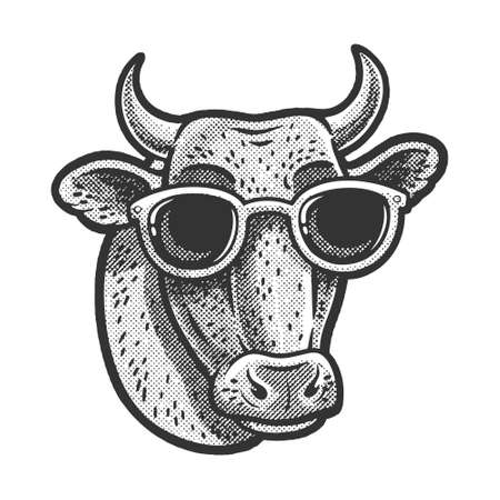 Cow animal in sunglasses engraving sketch halftone pattern vector illustration. Scratch board imitation. Black and white hand drawn image.のイラスト素材