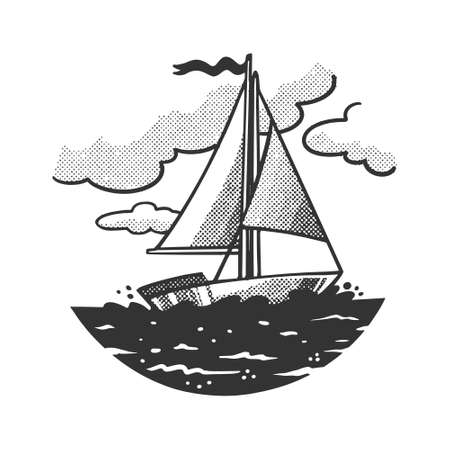 sailboat on the sea sketch halftone pattern vector illustration. Scratch board imitation. Black and white hand drawn image.のイラスト素材
