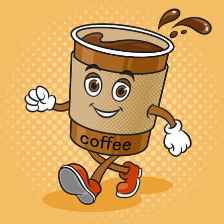 Cartoon walking coffee cup pop art retro vector illustration. Comic book style imitation.のイラスト素材