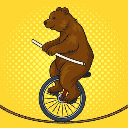 Circus bear rides tightrope on a unicycle. pop art retro vector illustration. Comic book style imitation.のイラスト素材