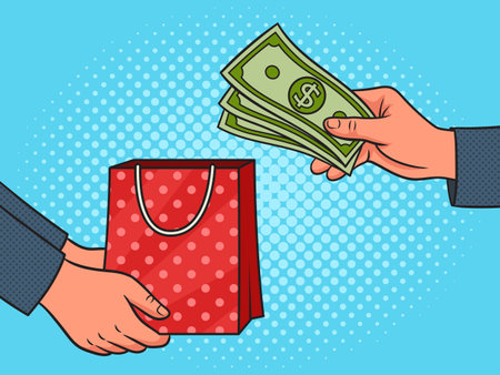One pay and take package purchase shopping in black friday shop pinup pop art retro vector illustration. Comic book style imitation.のイラスト素材