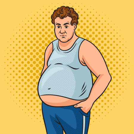 Fat man with beer belly abdominal obesity pinup pop art retro vector illustration. Comic book style imitation.のイラスト素材