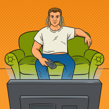 Man in front of TV with noodles on his ears pinup pop art retro vector illustration. Metaphor for propaganda and deception from television. Comic book style imitation.のイラスト素材