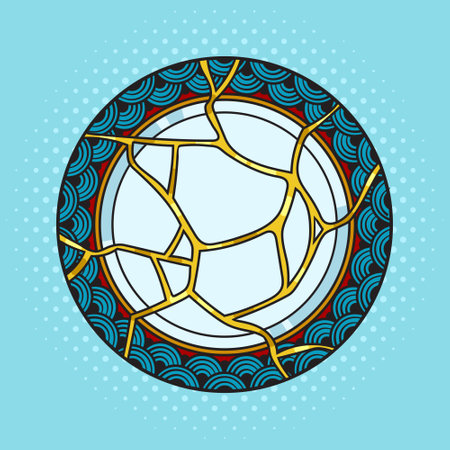 Repaired Japan dish plate kintsugi art color pinup pop art retro vector illustration. Comic book...