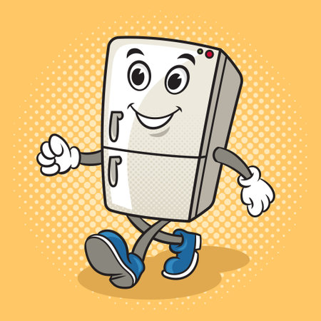walking cartoon fridge refrigerator pinup pop art retro vector illustration. Comic book style imitation.のイラスト素材