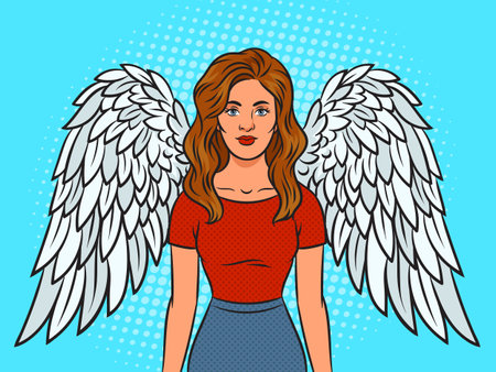 angel woman girl with white wings pinup pop art retro vector illustration. Comic book style imitation.のイラスト素材