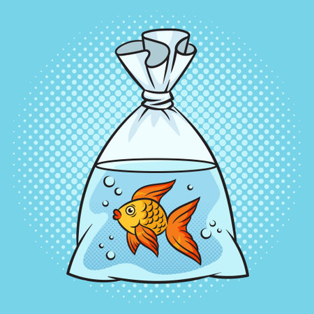 aquarium goldfish in plastic bag with water pinup pop art retro vector illustration. Comic book style imitation.のイラスト素材