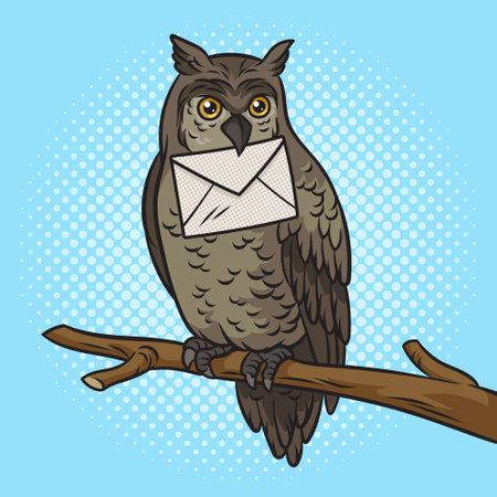 Fabulous owl with letter in its beak pinup pop art retro vector illustration. Comic book style imitation.のイラスト素材