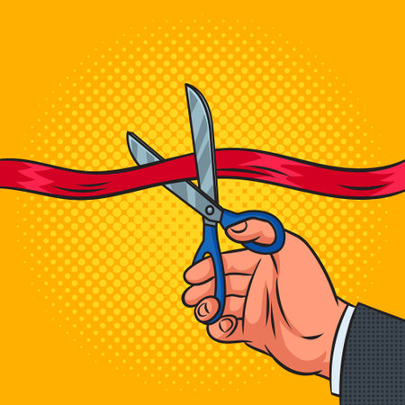 Red ribbon cutting pinup pop art retro vector illustration. Comic book style imitation.のイラスト素材