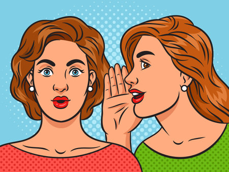 woman whispering gossip in woman ear pinup pop art retro vector illustration. Comic book style imitation.のイラスト素材