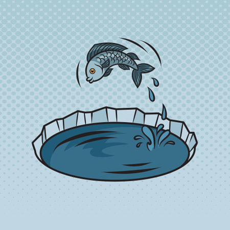 fish jumping out of hole in ice pinup pop art retro vector illustration. Comic book style imitation.のイラスト素材