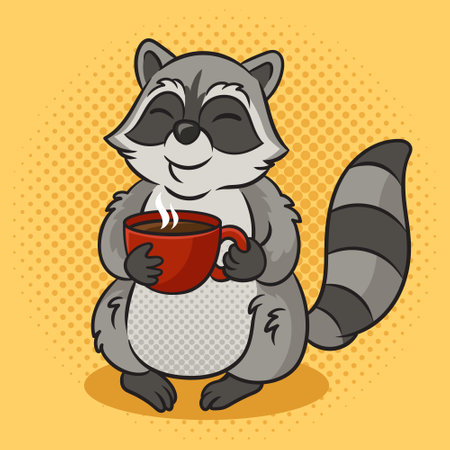 cartoon raccoon with cup of hot coffee in paws pinup pop art retro vector illustration. Comic book style imitation.のイラスト素材