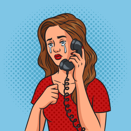 Crying girl with old phone pinup pop art retro vector illustration. Comic book style imitation.のイラスト素材