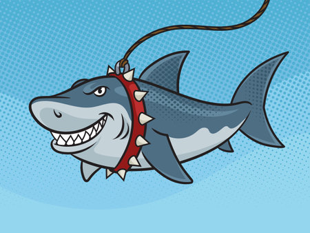 Shark pet on leash pinup pop art retro vector illustration. Comic book style imitation.のイラスト素材