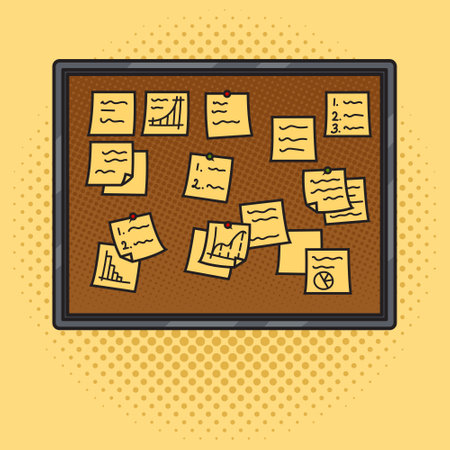 board with yellow post stickers and notes pinup pop art retro vector illustration. Comic book style imitation.のイラスト素材
