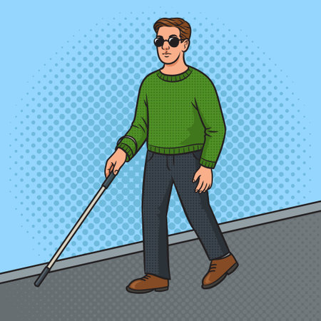 blind man walking down street with cane stick pinup pop art retro vector illustration. Comic book style imitation.のイラスト素材